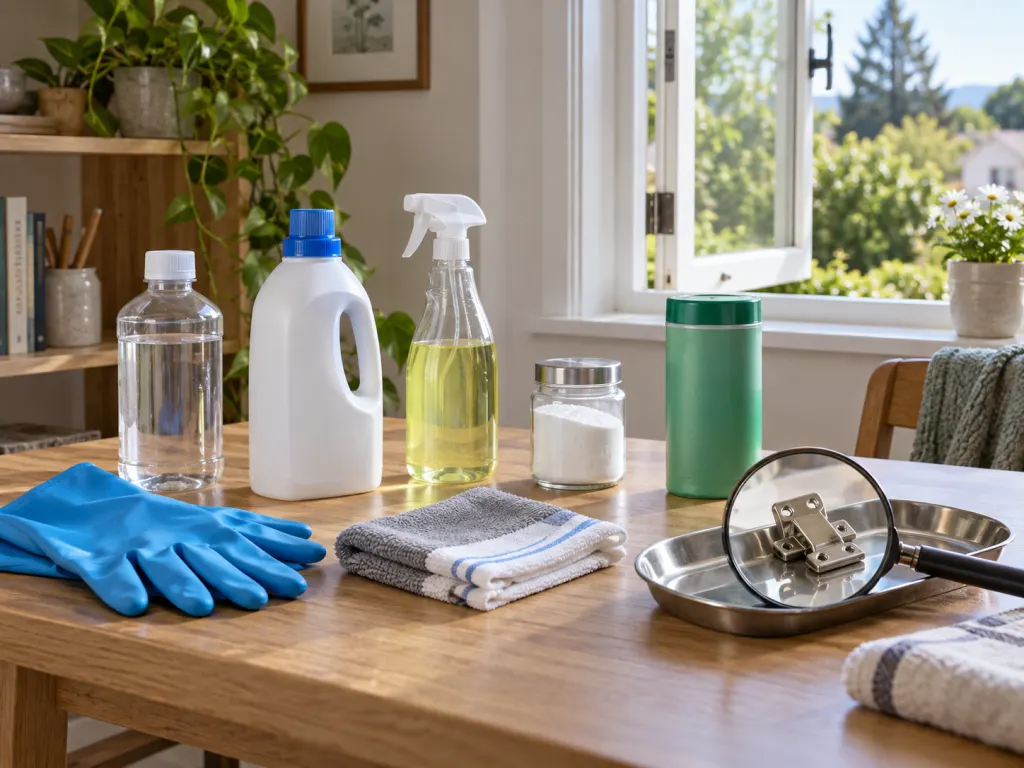 A ventilated workspace with household products kept separate while a small metal item is inspected.