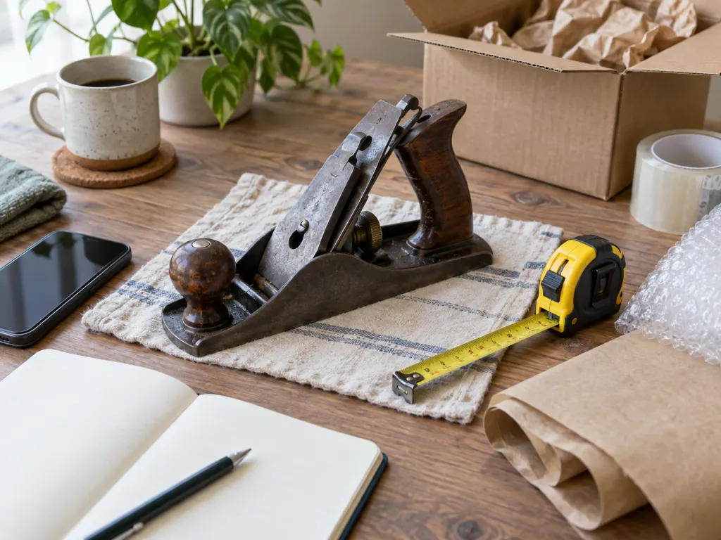 A cleaned old hand tool sits with packing supplies and a blank notebook for resale evaluation.