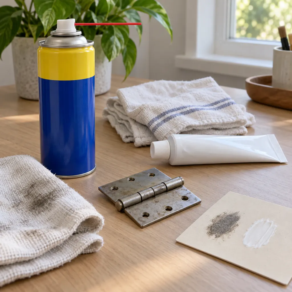 A generic aerosol lubricant can, toothpaste tube, cloths, and a metal hinge arranged for a small surface test.