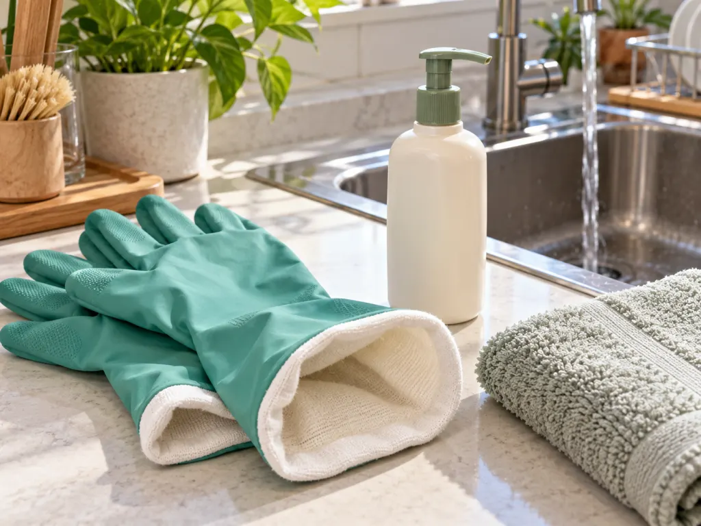 Cleaning gloves, hand lotion, and a towel arranged beside a kitchen sink.