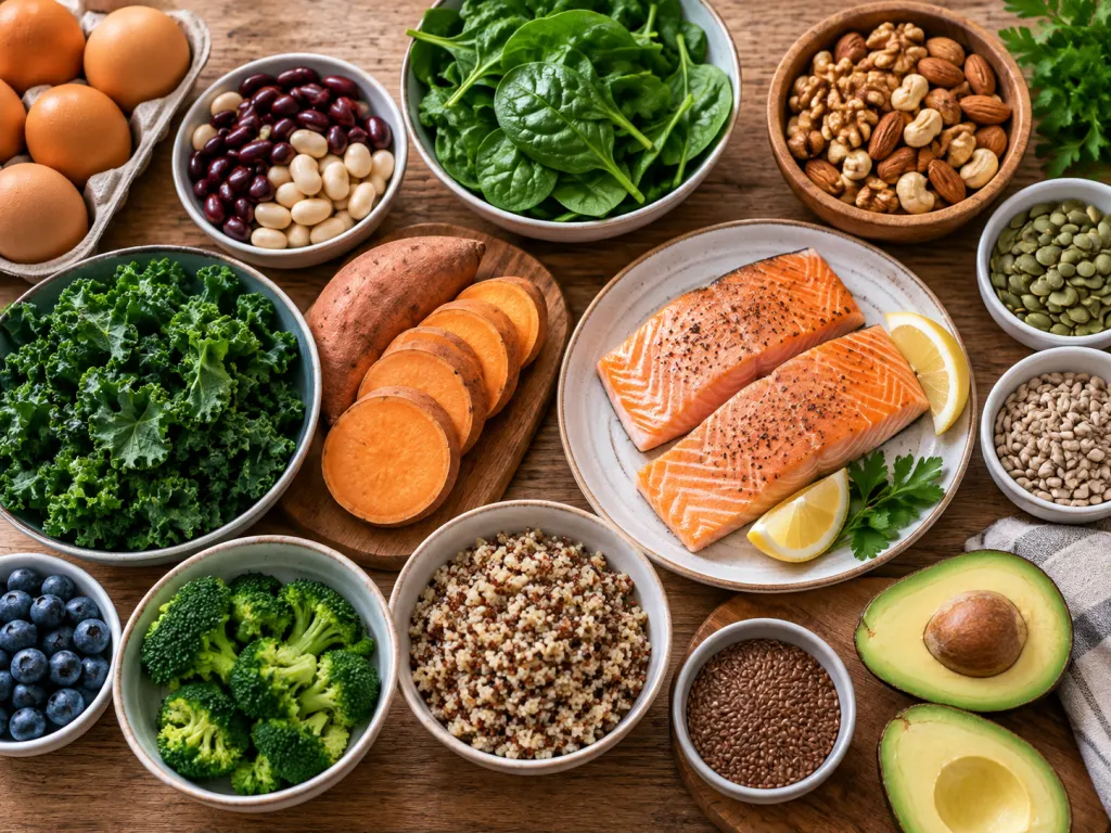 A balanced spread of foods commonly associated with protein, iron, and biotin intake.