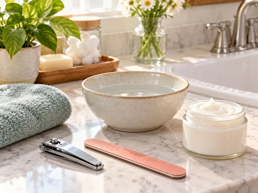 Gentle nail care tools arranged neatly with hand cream on a bathroom counter.