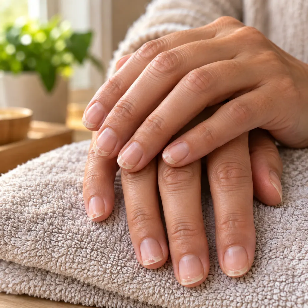 Natural fingernails shown close up with mild brittleness at the tips.