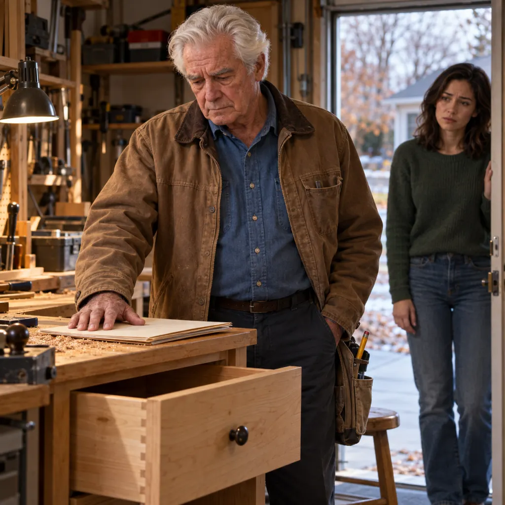An elderly carpenter stands beside a project folder in his garage as his granddaughter watches.