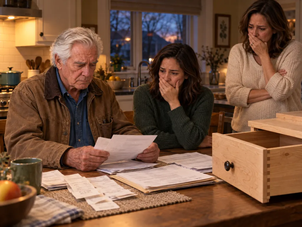 Frank sits at a kitchen table with contract papers while his family absorbs the news.