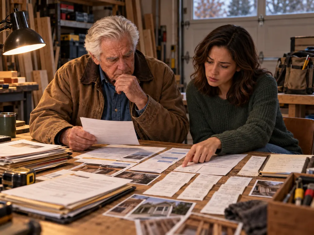 Frank and Maya organize receipts and contracts in the garage under a work light.