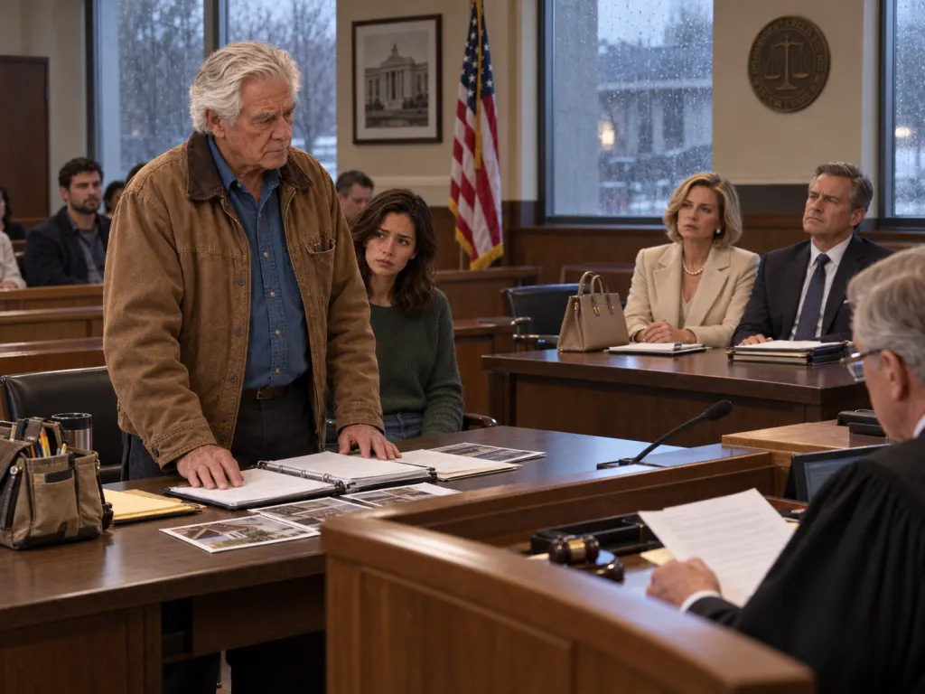 Frank presents his binder in small claims court while the wealthy couple sits opposite him.