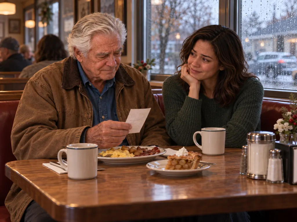 Frank and Maya share breakfast pie in a diner after the judgment is paid.