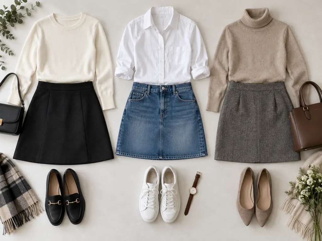 Three short skirt outfit options arranged as a wardrobe flat lay with shoes and simple tops.