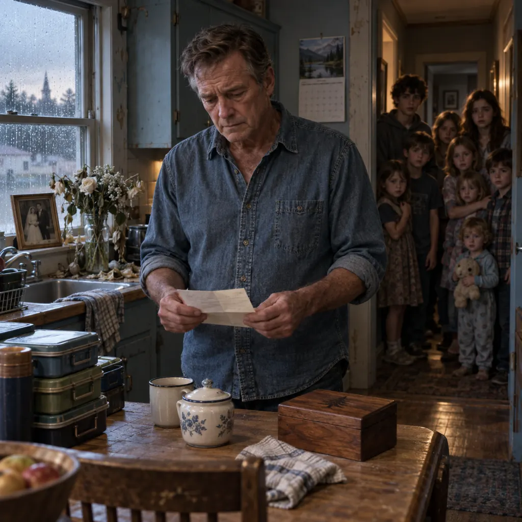 Owen finds the note as nine children gather in the rainy kitchen doorway.