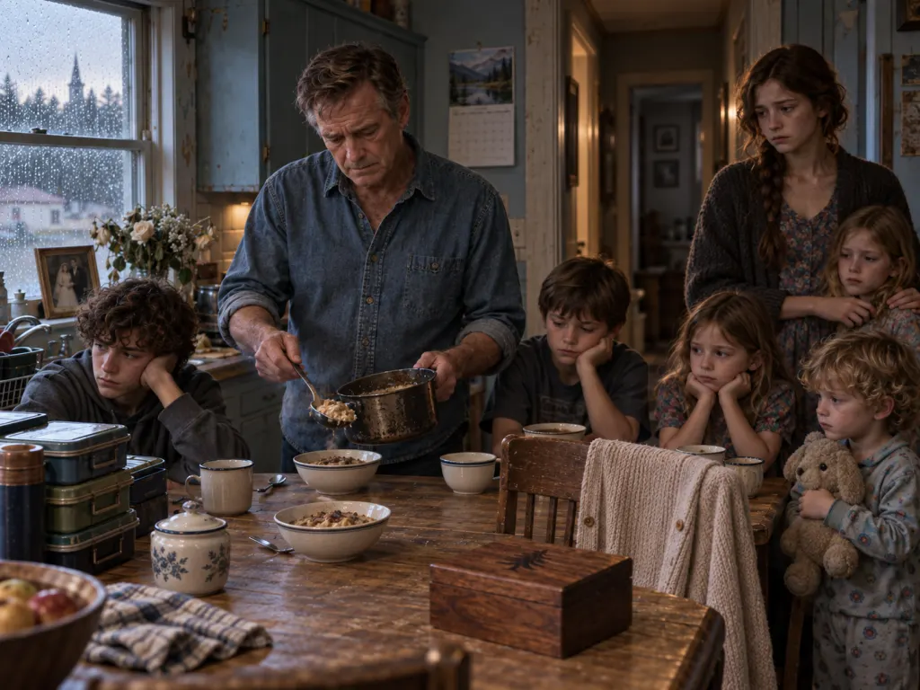 Owen serves breakfast while the children face Mara's empty chair.