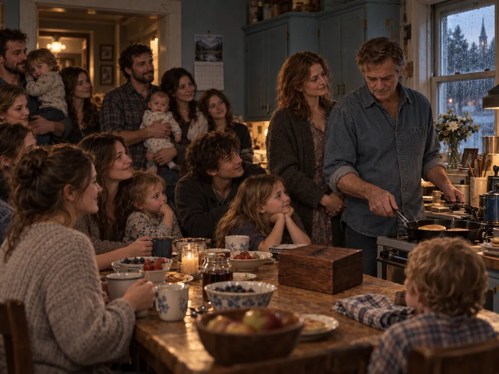 Owen and the grown children gather around pancakes after learning the truth.