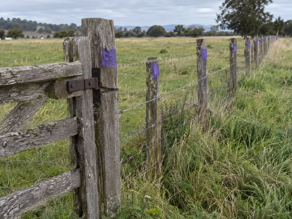 A fence line with purple paint marks on several posts near a rural gate.