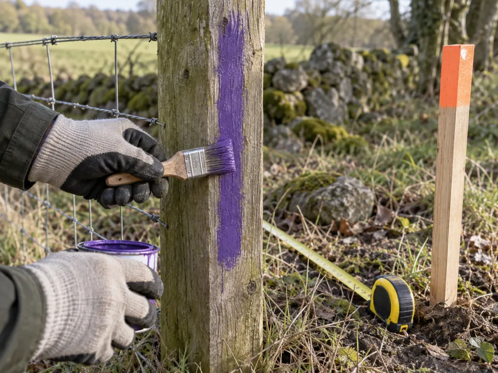 Gloved hands near a purple-marked fence post with boundary tools nearby.