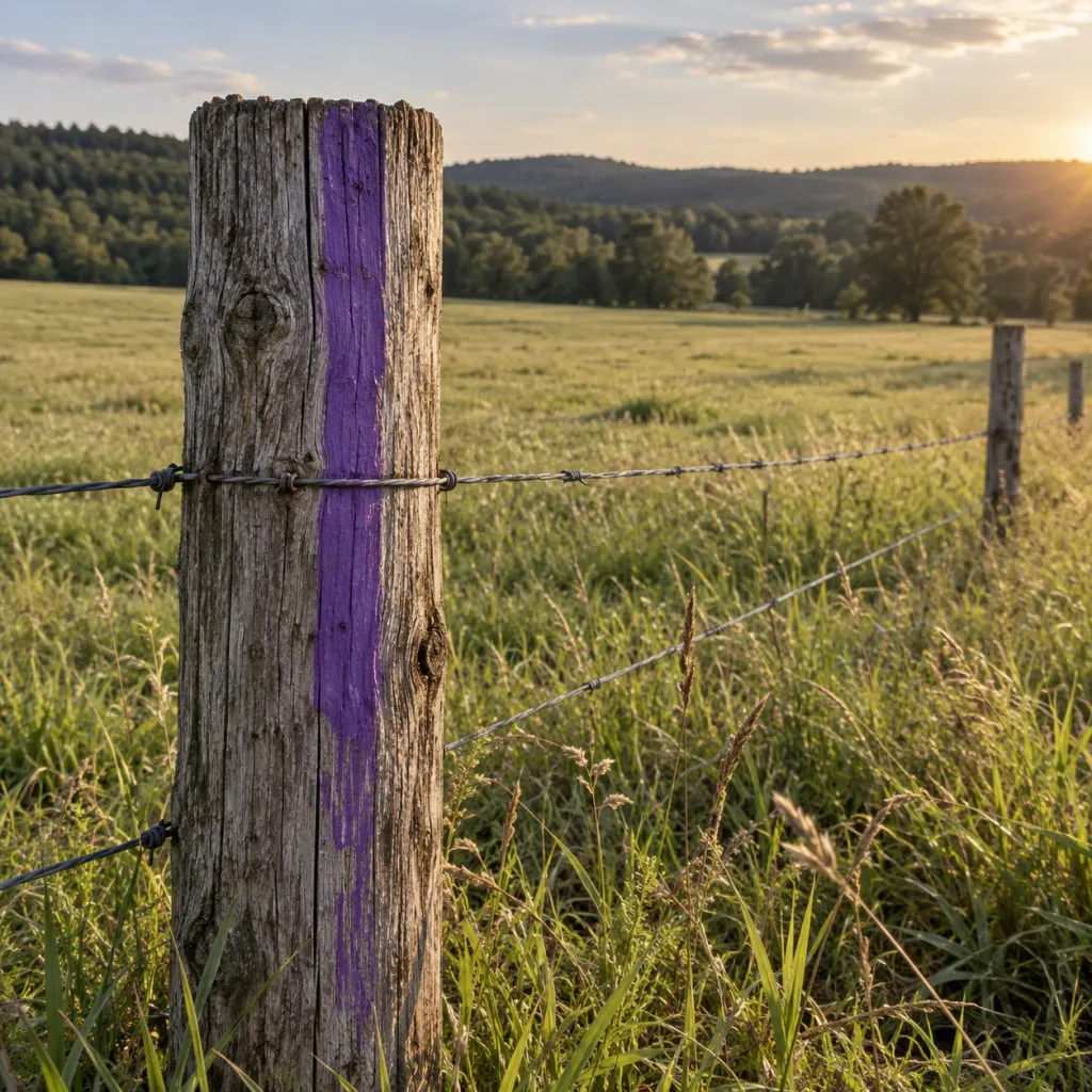 A rural fence post with a vertical purple paint mark beside a field.