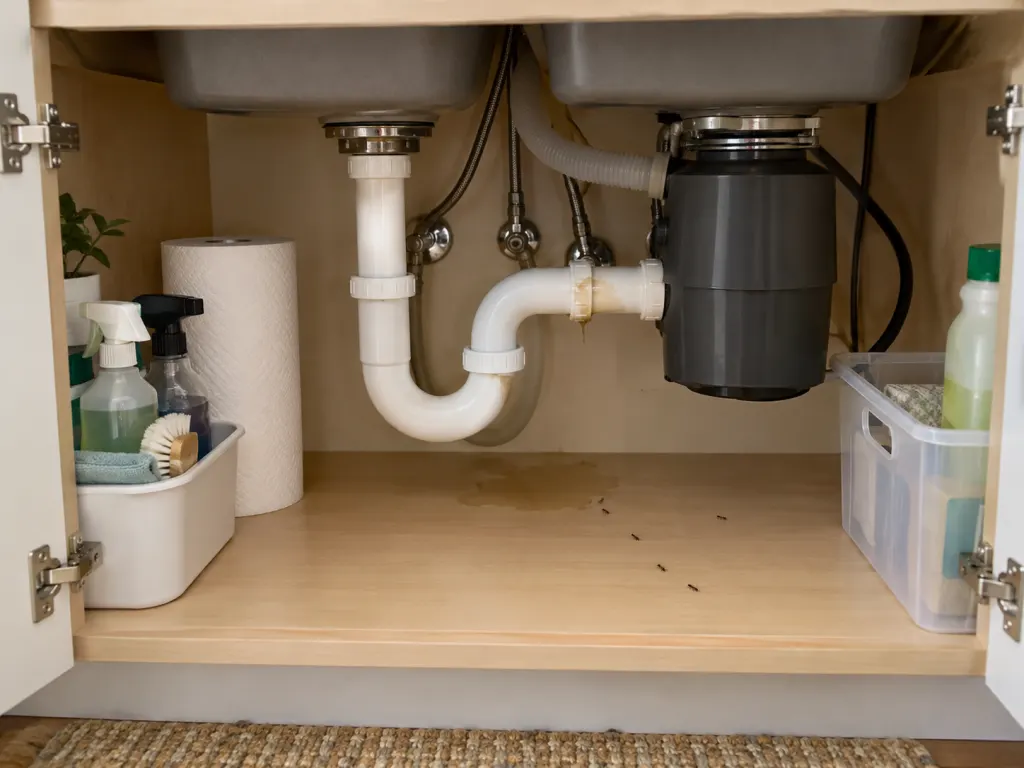 A few ants under a kitchen sink near a pipe and moisture mark.