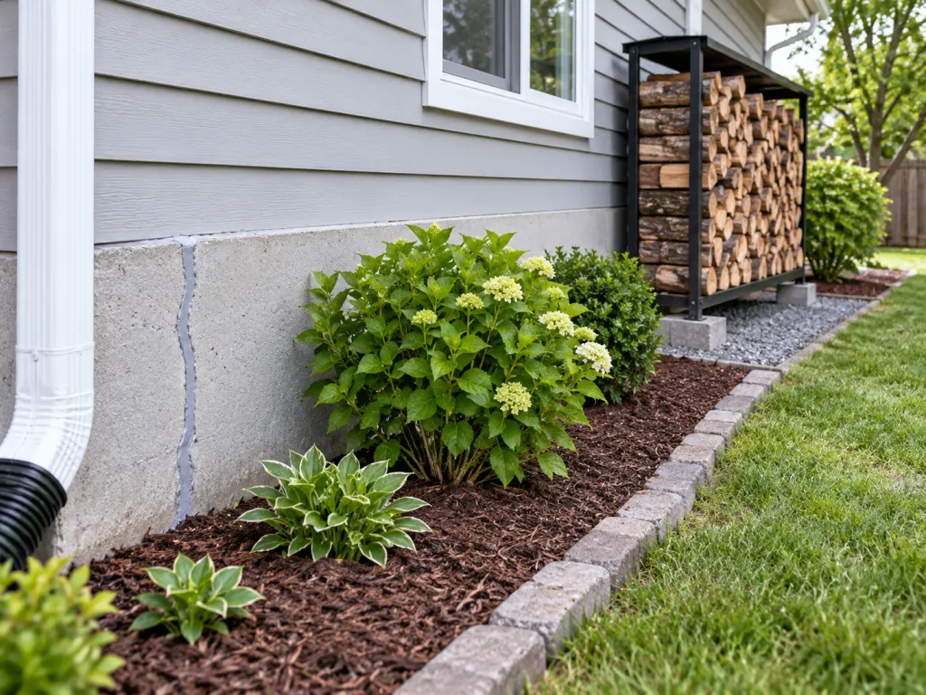 A tidy foundation edge with trimmed plants, a sealed gap, and firewood stored away from the wall.