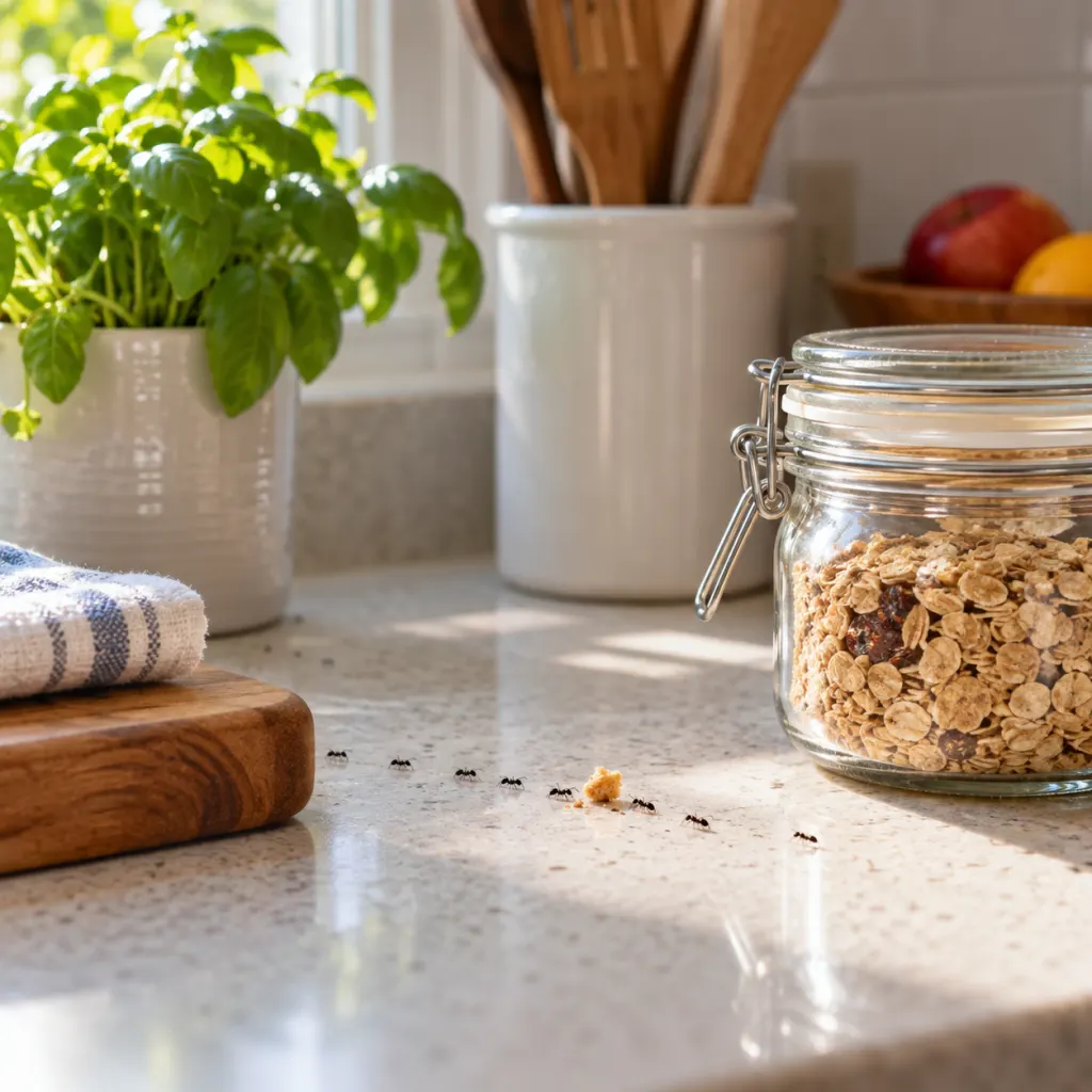 A small ant trail on a clean kitchen counter near a crumb and sealed food jar.