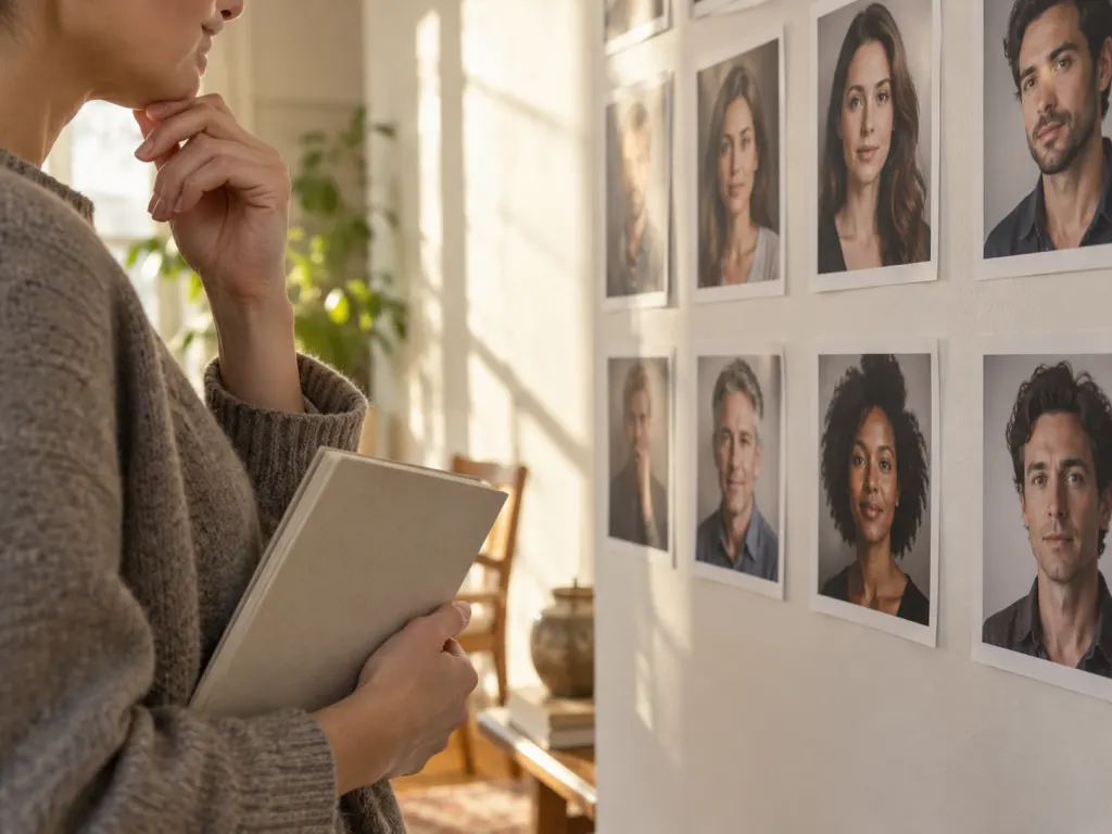 A person reflects in a notebook while looking at portrait images.