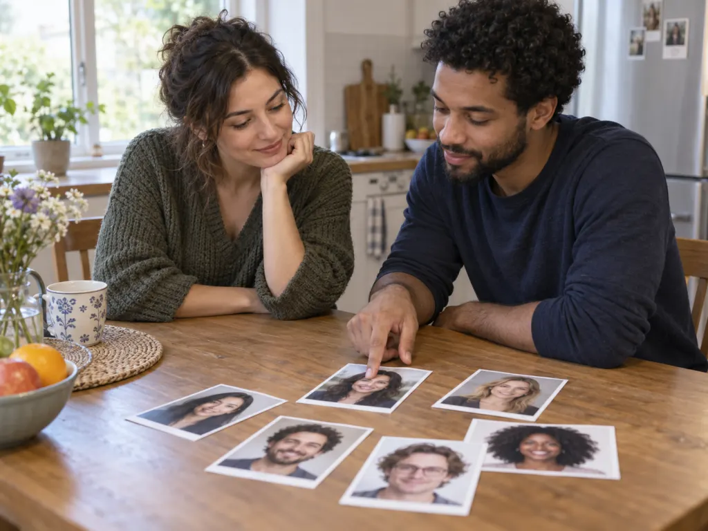 Two friends calmly discuss a visual personality prompt at a table.