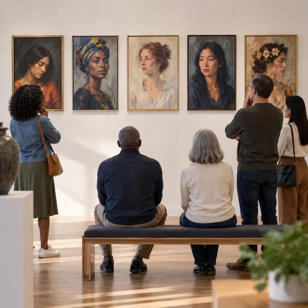 Adults thoughtfully viewing anonymous portraits of women in a quiet gallery.