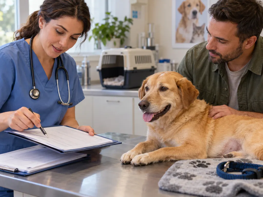 A veterinarian reviews records beside a relaxed dog during a routine visit.