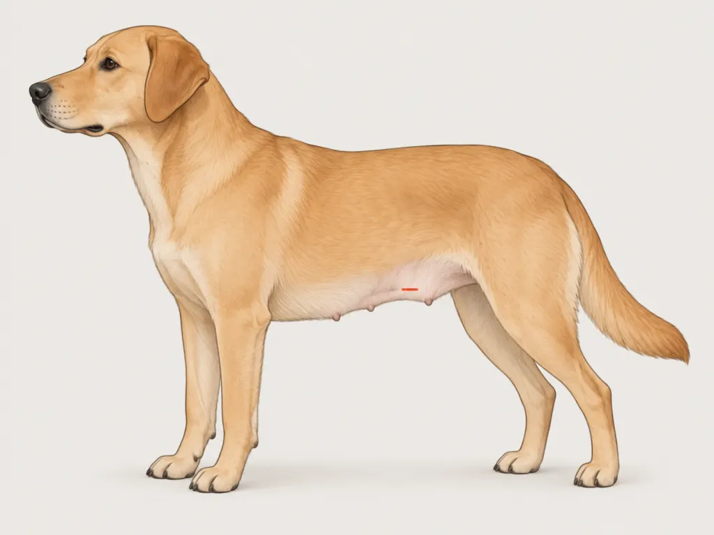 An educational illustration of a dog silhouette showing a small line on the lower abdomen.