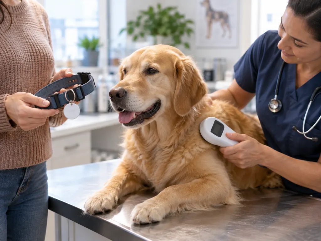 A veterinarian scans a relaxed dog while the owner holds the dog's collar and tag.