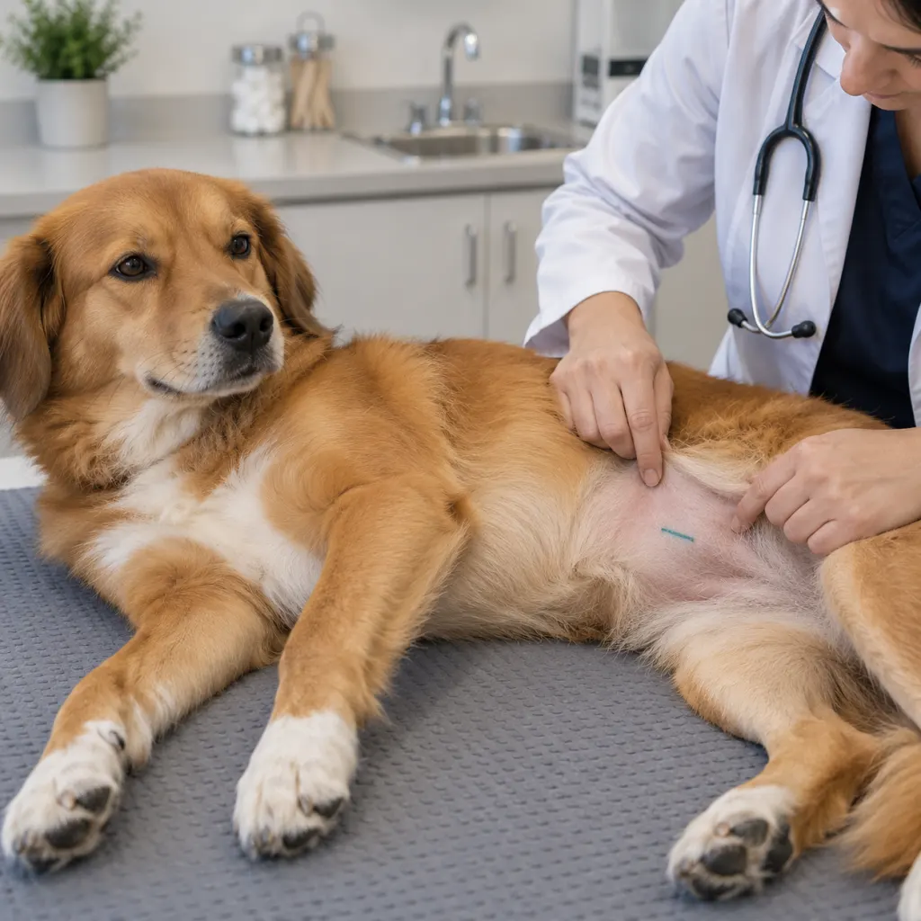 A calm dog on an exam mat with a veterinarian showing a small colored line on the belly.