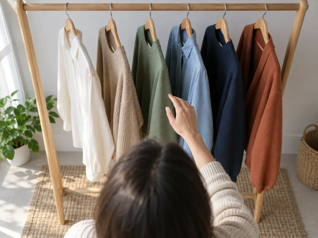 A person considers several solid-color garments hanging on a wardrobe rail.