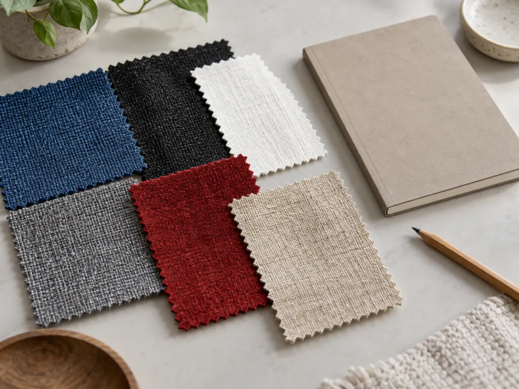Fabric swatches in six colors are arranged beside a blank notebook and pencil.