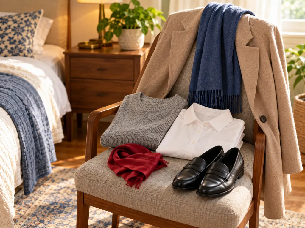 A chair holds a planned outfit with beige, blue, gray, black, white, and red pieces.