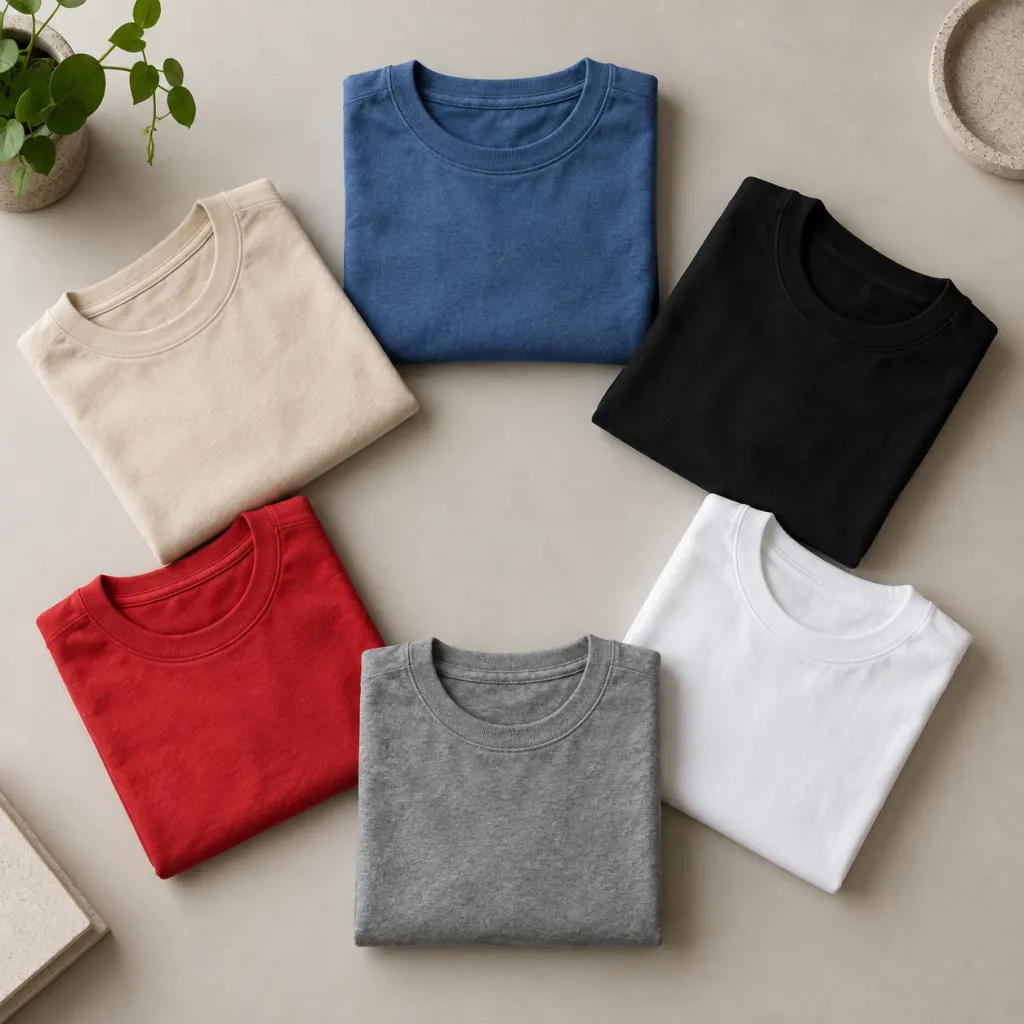 Six plain folded shirts in blue, black, white, gray, red, and beige arranged in a circle.