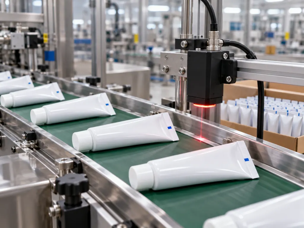 Unbranded toothpaste tubes on a packaging line with a sensor reading a colored mark.