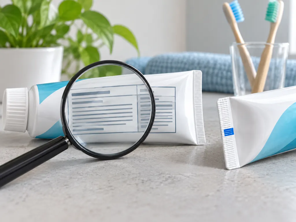 A toothpaste tube label area compared with the small colored mark at the crimp.