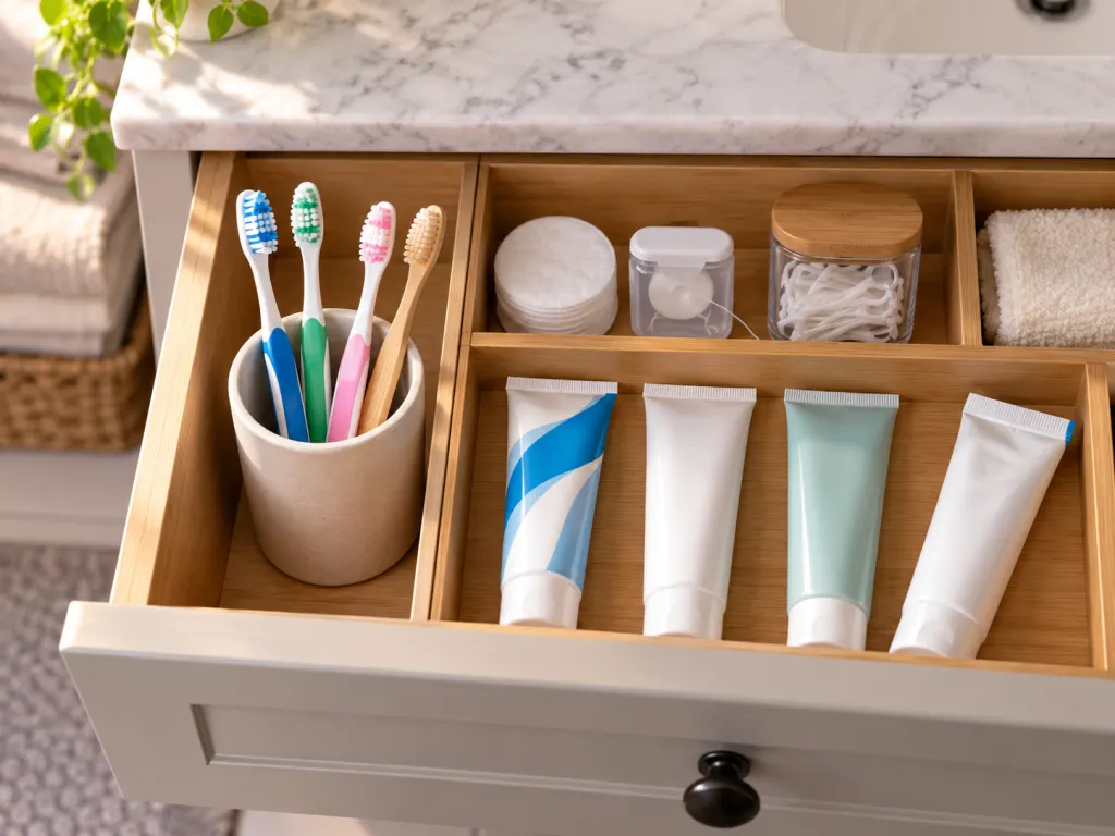 Organized bathroom drawer with toothpaste tubes and oral-care items, including one visible crimp mark.