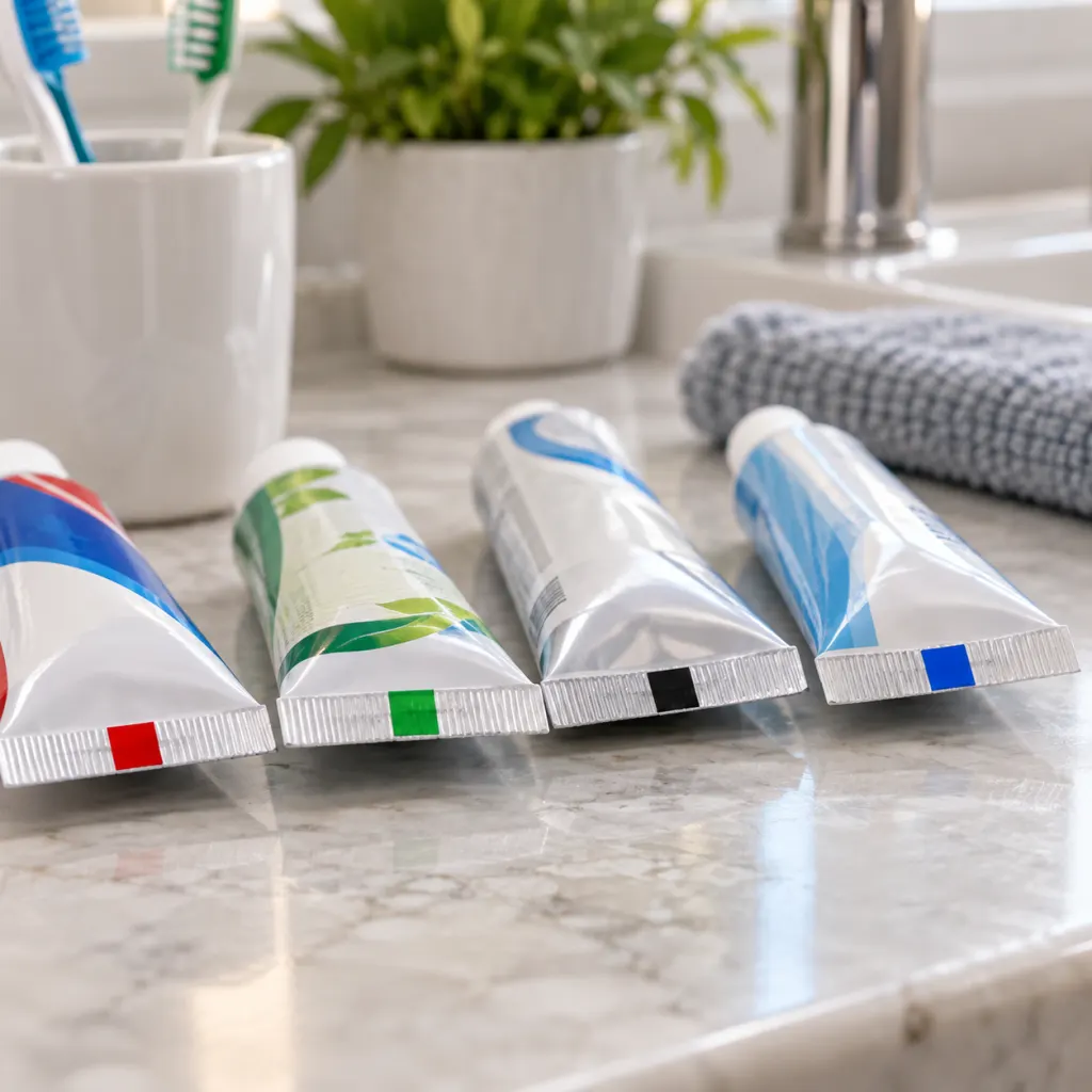 Close-up of toothpaste tubes showing small colored marks near the sealed ends.