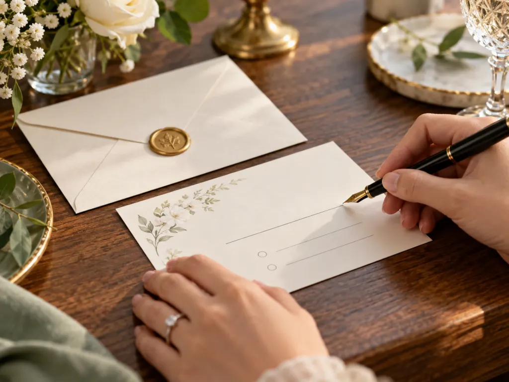 Hands preparing to fill out a formal RSVP card.
