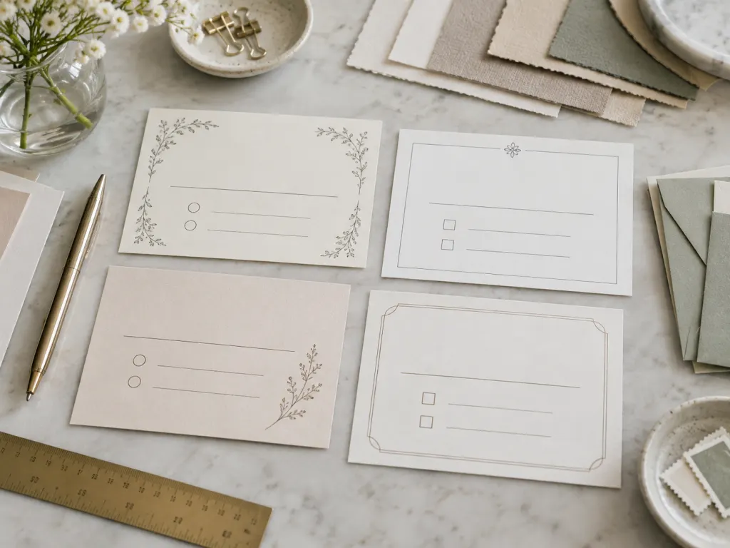 A stationery workspace with RSVP card layout samples and paper swatches.