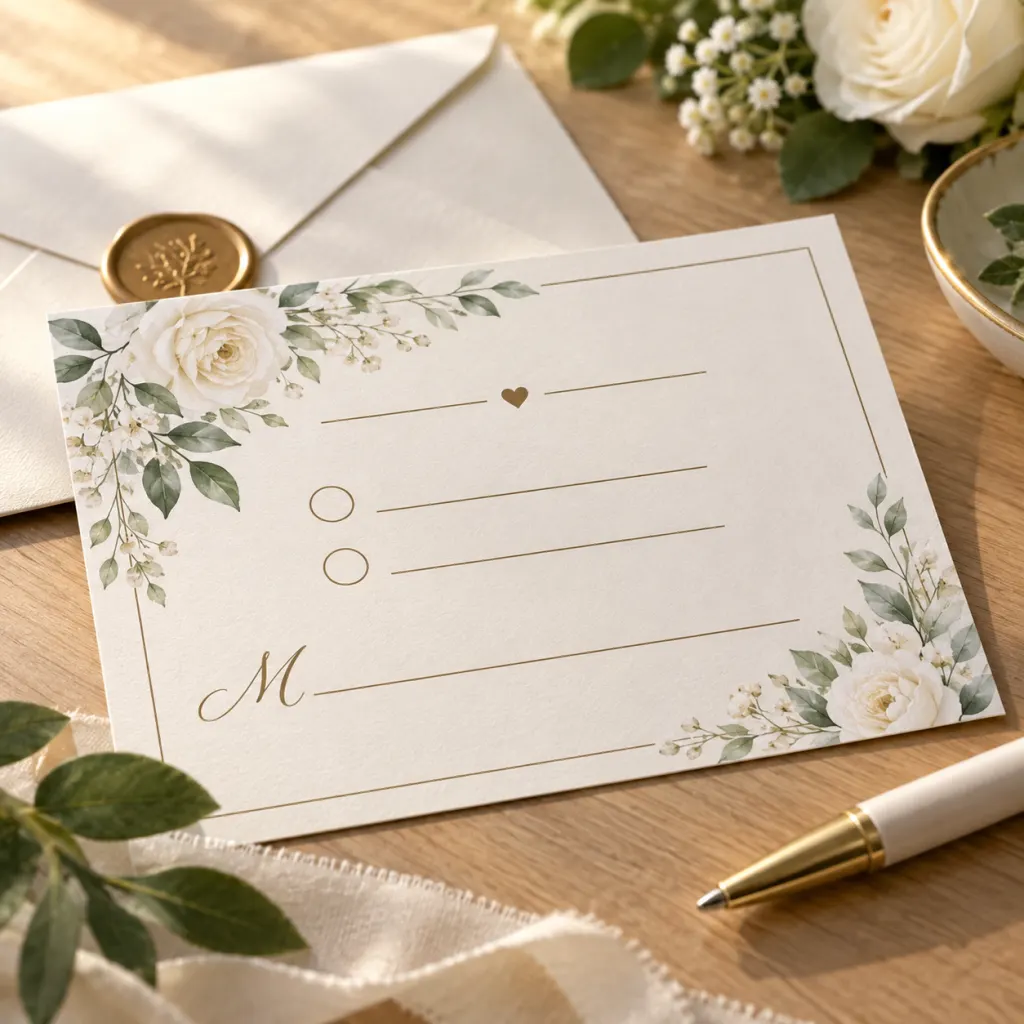 An elegant RSVP card with a pen on a light desk.