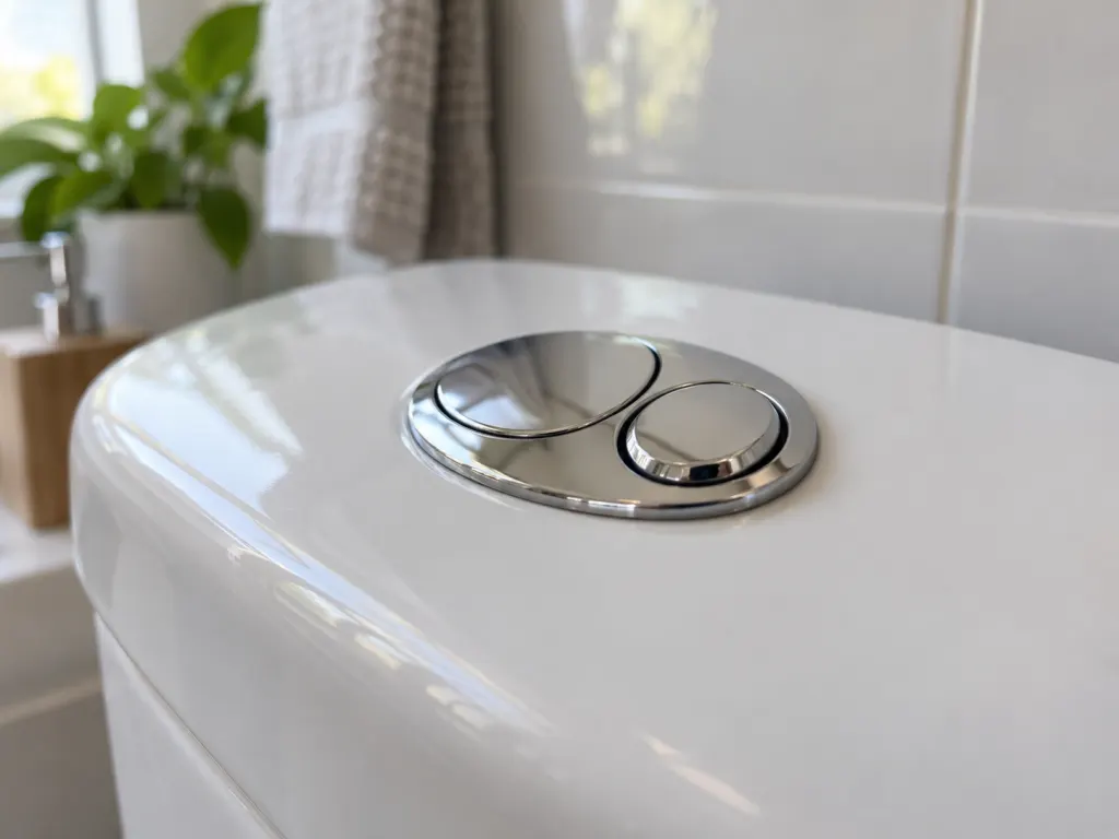 Close-up of the smaller button on a dual-flush toilet.
