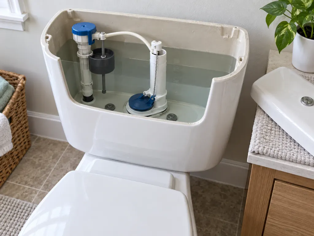 Inside view of a toilet tank showing the flush mechanism.