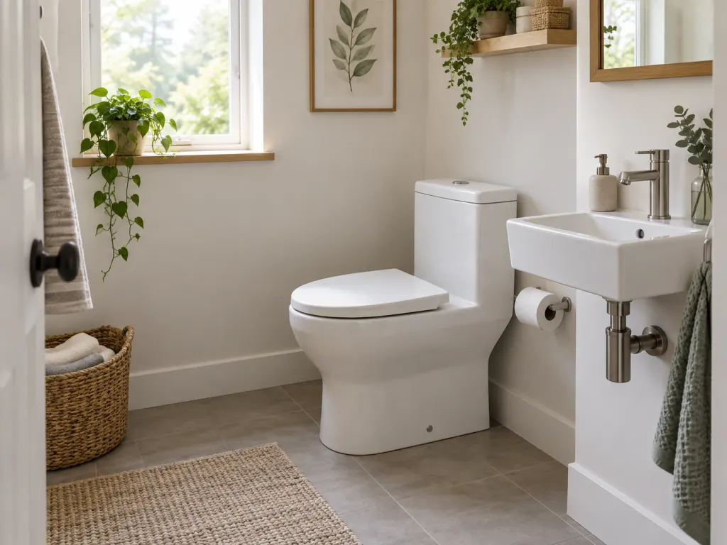 Modern bathroom with a water-efficient dual-flush toilet.