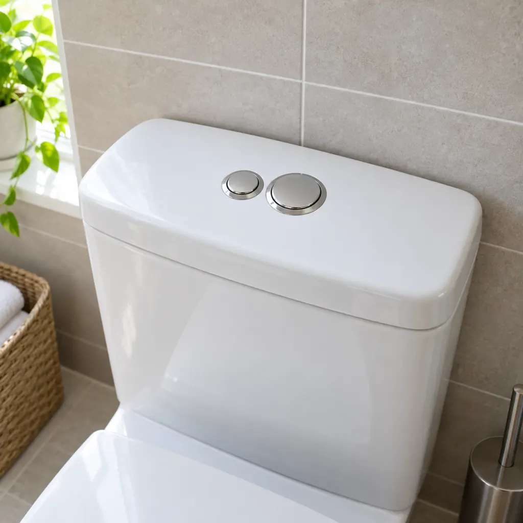 Modern toilet tank with two dual-flush buttons on the lid.