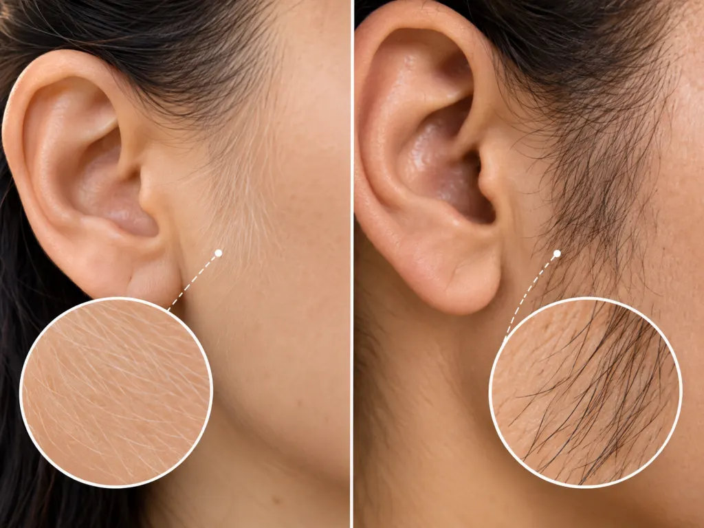 Educational illustration comparing fine and thicker hairs near the outer ear.