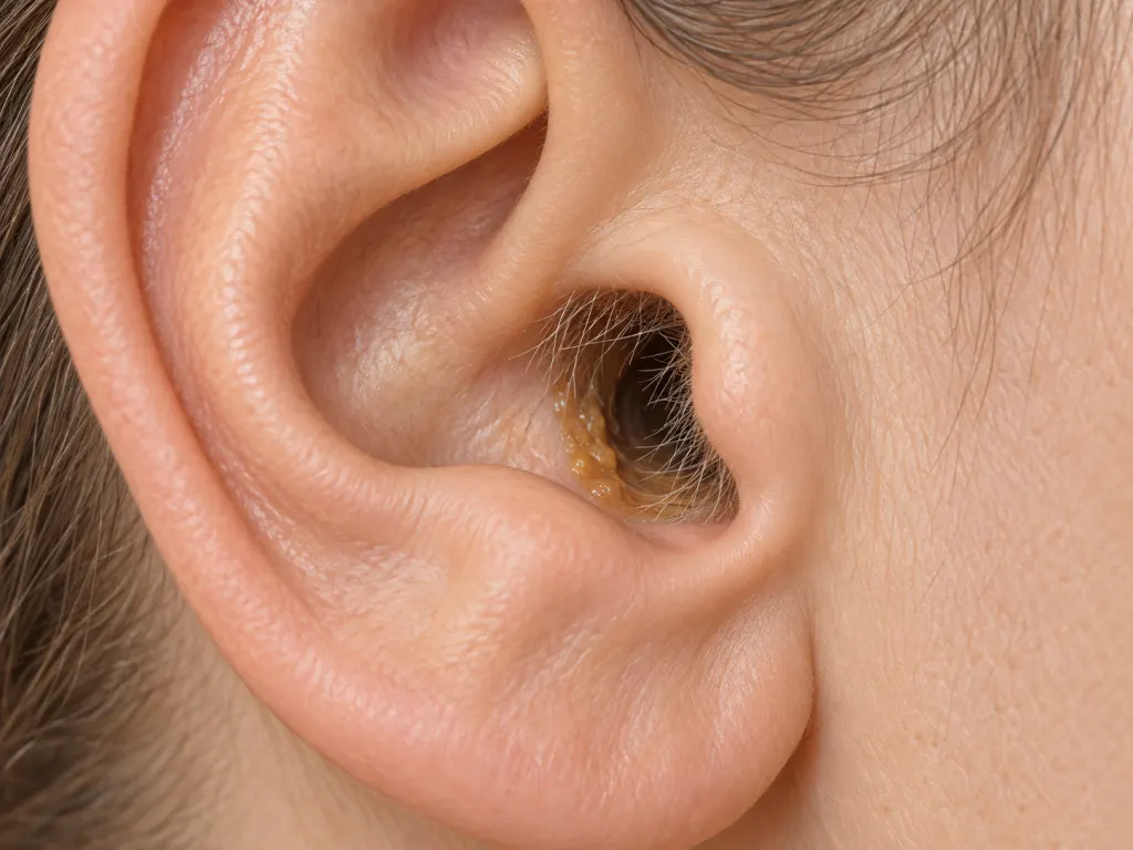 Illustration of natural ear hair and earwax near the entrance of the ear canal.