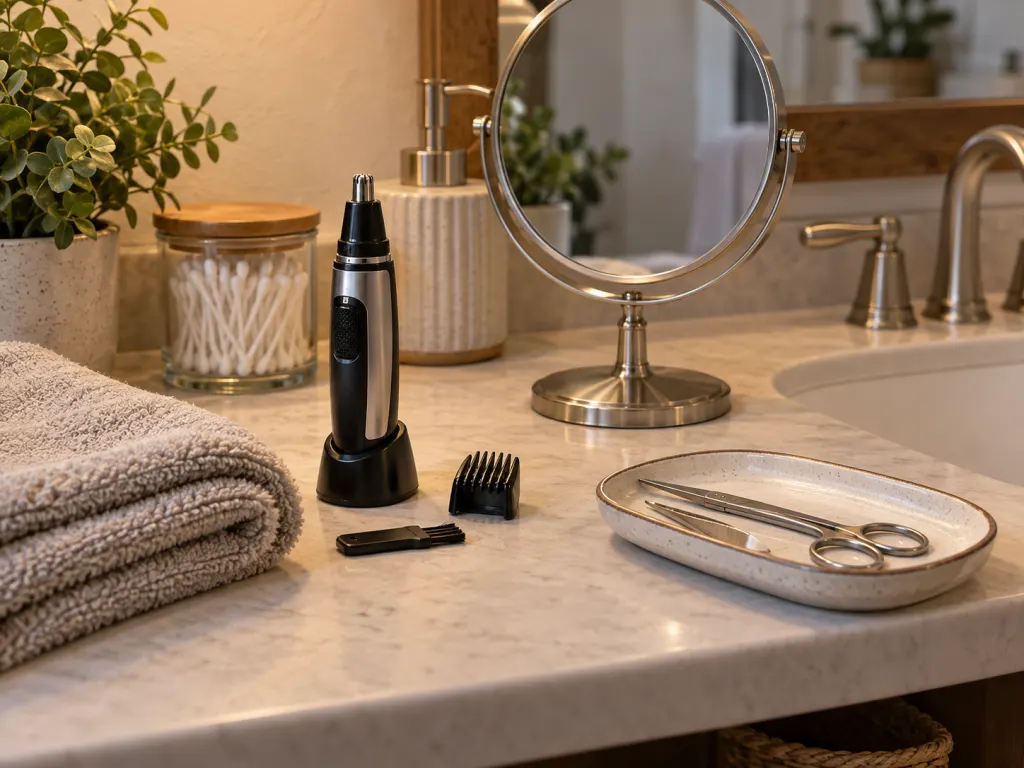 Safe grooming tools for trimming visible outer-ear hair on a clean bathroom counter.