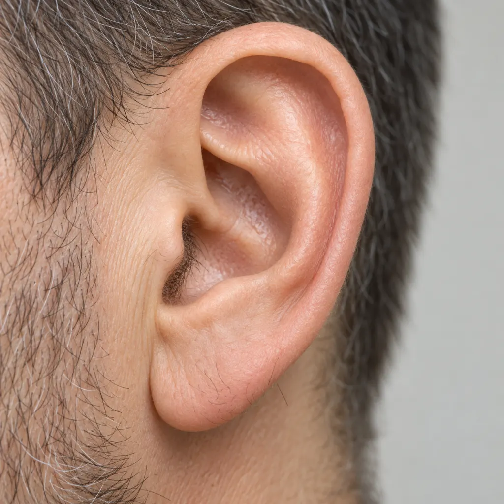 Illustration of a normal outer ear with a few visible hairs near the canal entrance.