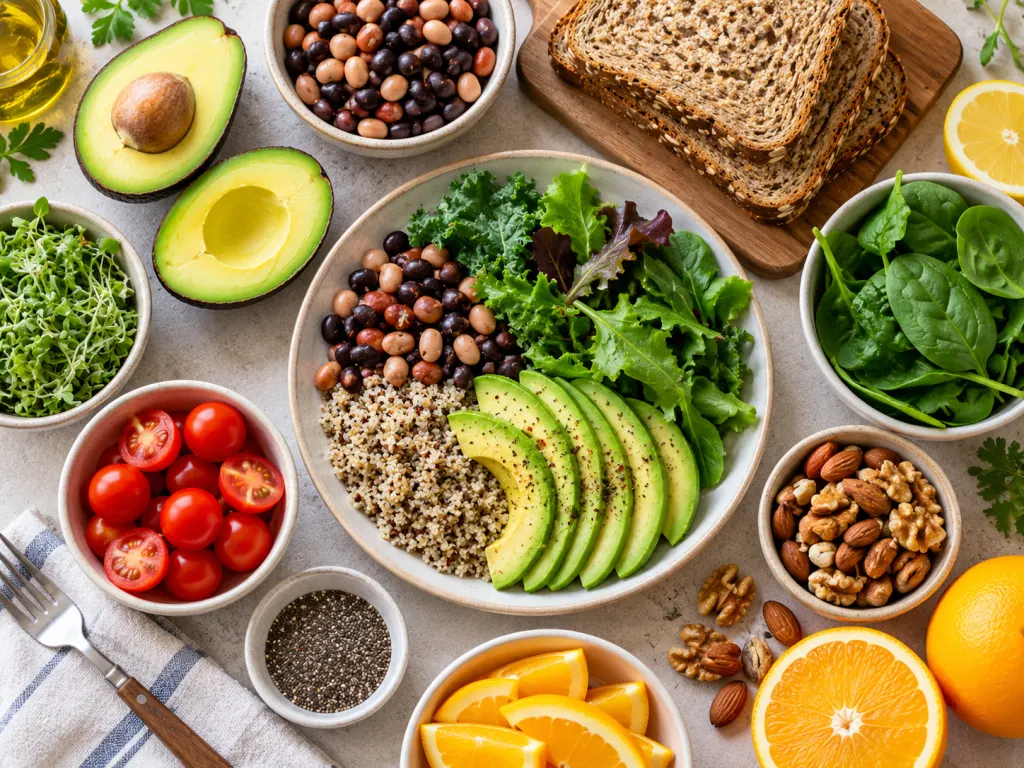 Avocado slices arranged with beans, whole grain toast, greens, nuts, and citrus.