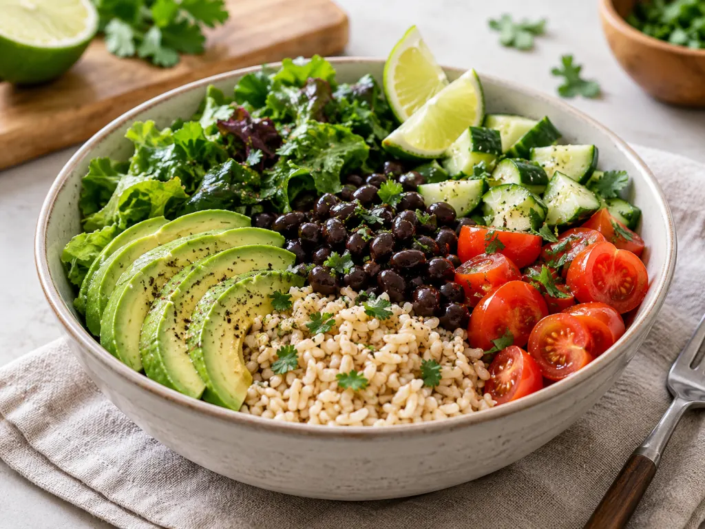 A balanced bowl with avocado, brown rice, black beans, tomatoes, cucumber, greens, and lime.